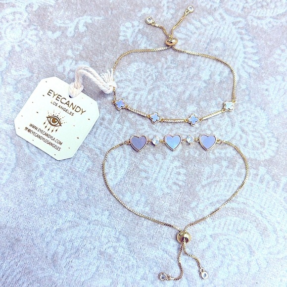 Brand New Eye Candy Set of 2 Gold Tone Adjustable Bracelets Hearts Clovers - Picture 12 of 13